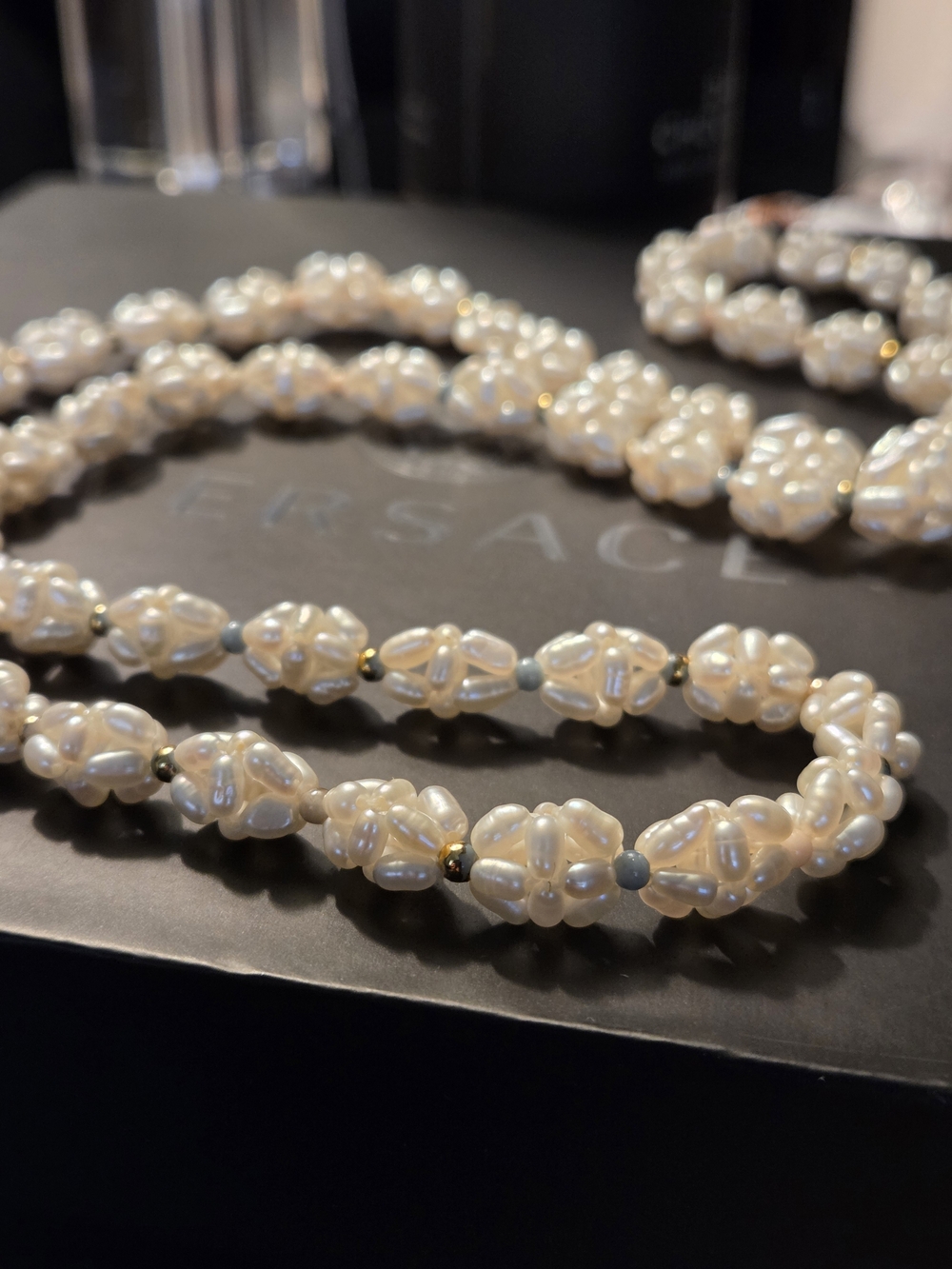Vtg Woven Rice Pearl Cluster Necklace 28" - Soft Deep Luster
